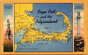 Cape Cod Massachusetts Map Pilgrimland Multi View Cities Linen Postcard 