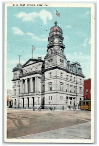 c1920 Exterior View US Post Office Building Streetcar Erie Pennsylvania Postcard