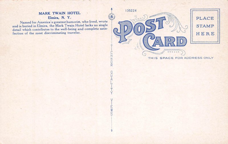 Mark Twain Hotel, Elmira, N.Y. and Map, Early Postcard, Unused