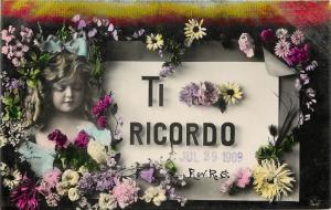 Hand-Colored Real Photo Postcard Ti Recordo/ I remember You, Girl &Flowers Italy