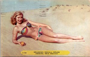 Bikini Girl on Sand, Deming NM Meadows Rexall Drugs Postcard S73