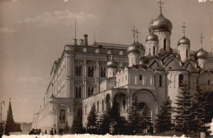 Vintage Postcard Real Photo Castle Historical Building Winter Pine Trees RPPC