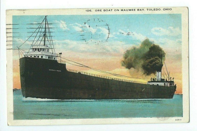 Postcard Ore Boat On Maumee Bay Toledo Ohio 1926 VPC01.