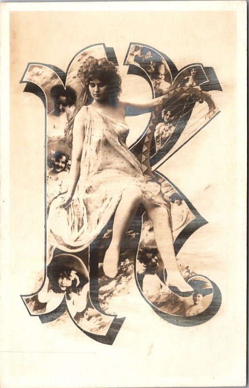 Real Photo Postcard Large Letter K Filled with Portraits of Women and Children