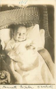 1917 RPPC Postcard Happy Smiling Infant Kenneth Weston in Wicker Chair Unposted