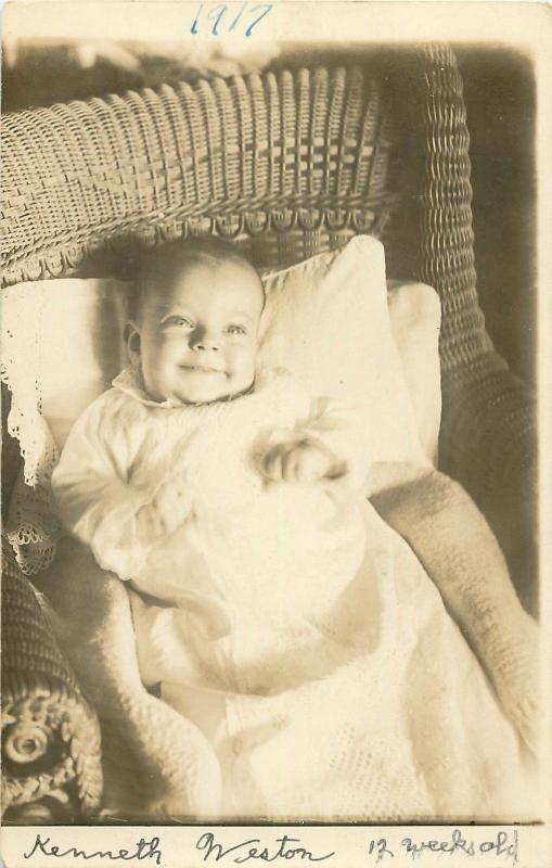 1917 RPPC Postcard Happy Smiling Infant Kenneth Weston in Wicker Chair Unposted