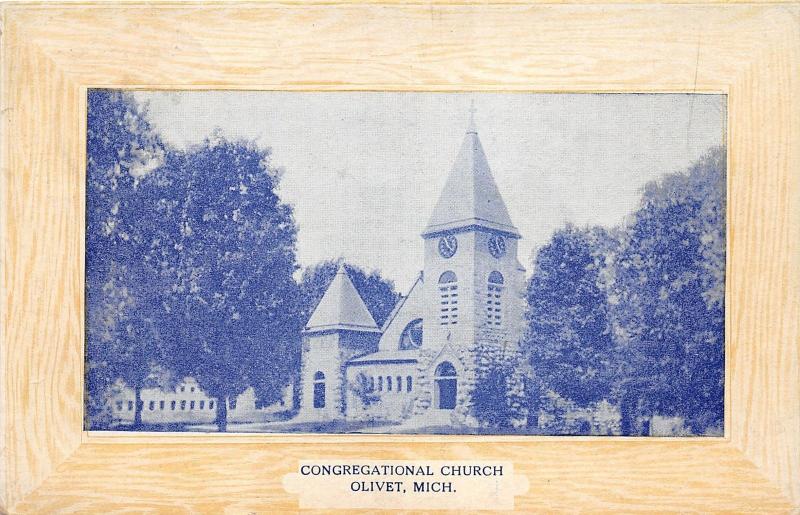 Olivet Michigan~Congregation Church~B&W Image in Wood Colored Frame~c1910 PC