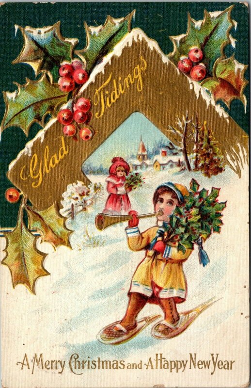 1910 - GLAD TIDINGS POSTCARD  - MERRY CHRISTMAS & HAPPY NEW YEAR SNOWSHOE 