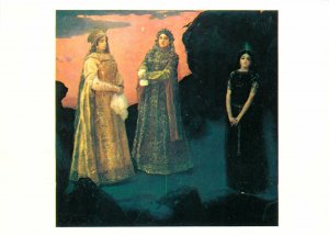 Painting Drawing Postcard Russian art ladyes posing in forest