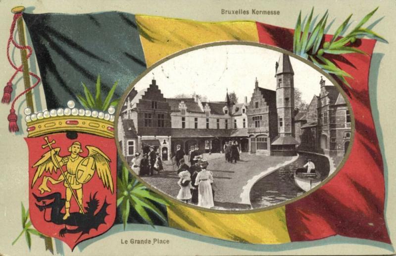 belgium, BRUSSELS BRUXELLES, Kermesse, Grande Place (1910) Coat of Arms, Flag