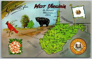 Vtg Greetings from West Virginia WV State Map Seal Flag Bird 1960s Postcard