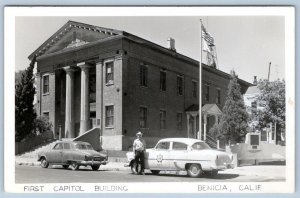 1950's RPPC BENICIA CALIFORNIA 1st CAPITOL BUILDING POLICE OFFICER POLICEMAN CAR