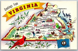 VIRGINIA 1960s Greetings MAP Postcard Cardinal Flag Tourist Locations
