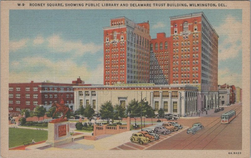 Postcard Rodney Square Showing Library + Delaware Trust Bldg Wilmington DE