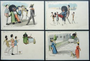 4 Rare c1904 GOLLIWOGG Postcards AUTO GO CART by Raphael Tuck 1281 & 1282 Series