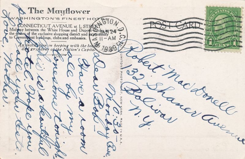 Mayflower Hotel, Washington, DC - Night View - pm 1939 - WB