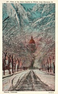 Vintage Postcard 1920's Vista Of The State Capitol Winter Sherman St. Denver CO