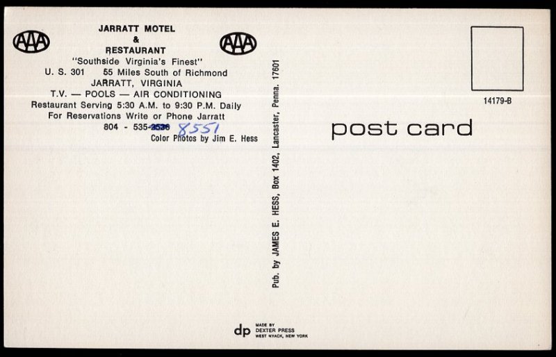 Virginia JARRATT Motel & Restaurant, U.S. 301 - Chrome 1950s-1970s