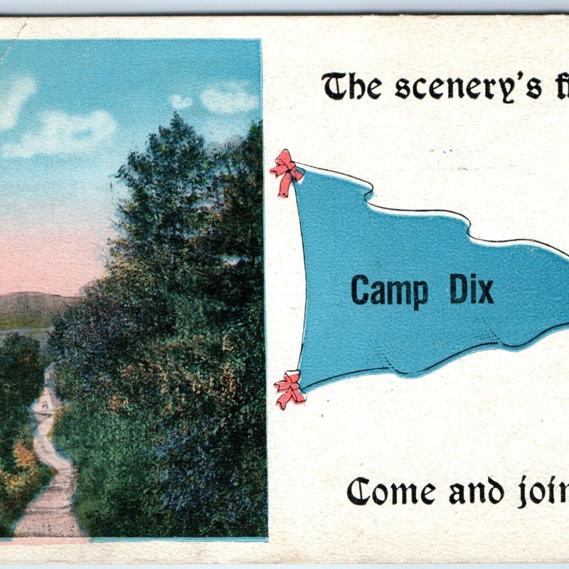 1918 WWI Trenton, NJ Camp Dix Pennant Flag Greeting Postcard Branch Cancel A169