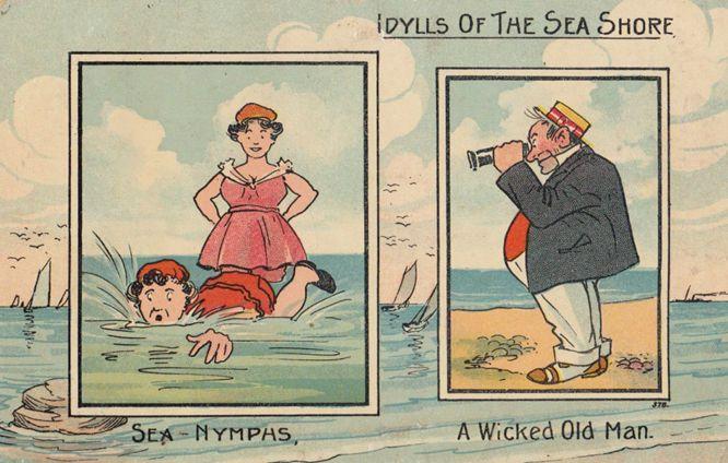 Beach Peeping Tom Binoculars Dirty Old Man Sea Nymph Antique Comic Postcard