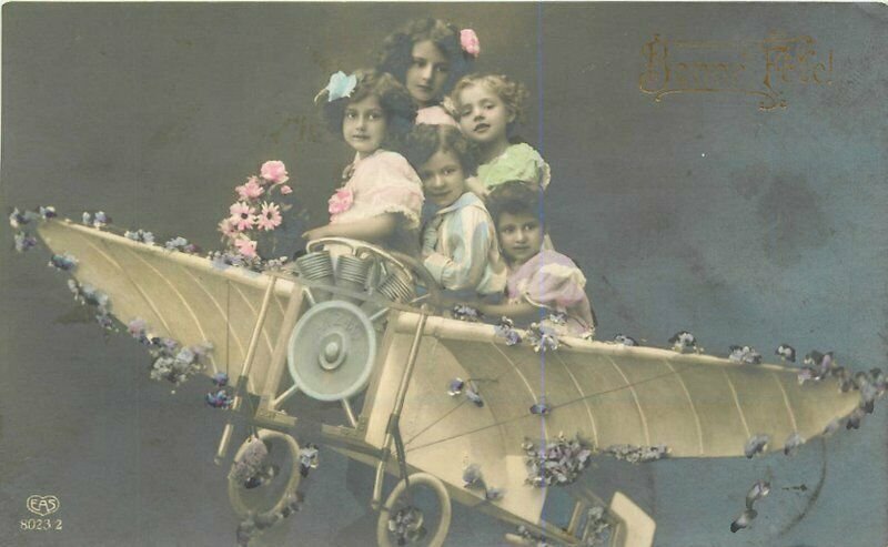 Early Aviation Fantasy Group Children 1922 RPPC Photo Postcard Flowers 7980