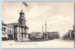 Racine Wisconsin Postcard Monument Square Exterior Building Statue c1910 Vintage