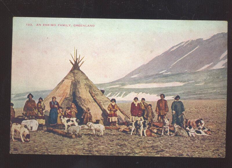 AN ESKIMO INDIAN FAMILY IN GREENLAND VINTAGE POSTCARD INDIANS DOGS