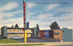 Seattle, Washington PUGET SOUND MOTEL Roadside 1940s Cars Linen Vintage Postcard