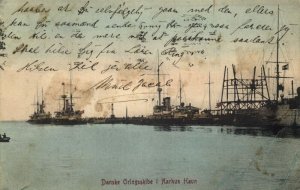 denmark, AARHUS ÅRHUS, Danske Orlogsskibe i Havn, Danish War Ships 1909 Postcard