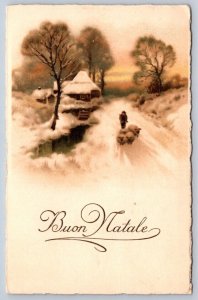 Buon Natale Merry Christmas, Rural Winter Scene, 1925 Italian Greetings Postcard