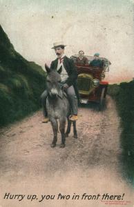 AUTOMOBILE TAILGATING DONKEY 1908 ANTIQUE POSTCARD w/ CORK CANCEL