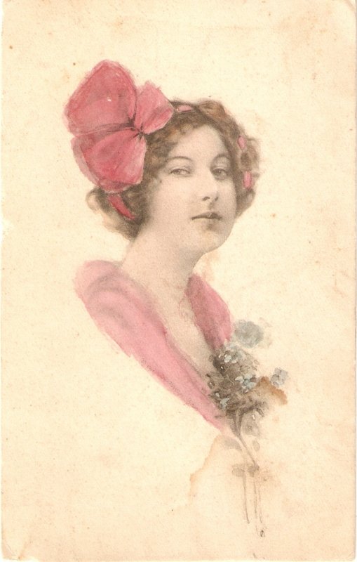 Prettylady. Pink flower in head· Old vintage American PC. Artist drawn