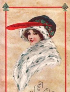 Pretty Lady Girl Christmas Postcard Bergman