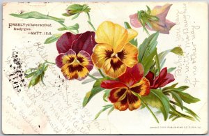 1908 Colorful Pansies Flower Bouquet, Enduring Power of Love, Vintage Postcard