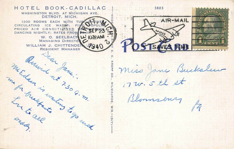 Book Cadillac Hotel, Detroit, Michigan, early postcard, used in 1940