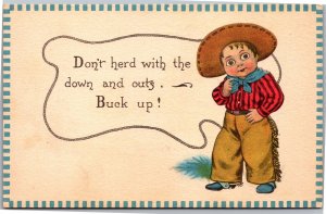 Postcard western boy dressed as cowboy Don�t Herd with the Down and outs Buck Up