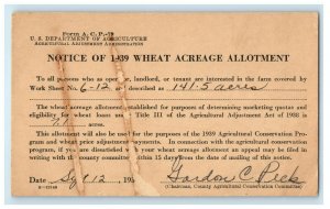 1936 Notice of 1939 Wheat Acreage Allotment, Tuscumbia MO Posted Postcard