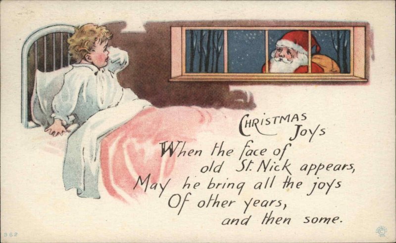 Christmas Child Wakes Up Sees Santa Outside Window Vintage Postcard