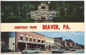 Beaver PA War Memorial Main Street Storefronts Old Cars Postcard