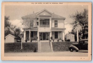 Bonham Texas Postcard Hill Top Hotel Front View Classic Car Building 1940 Artvue