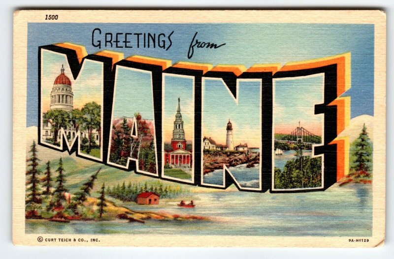 Greetings From Maine Large Big Letter Postcard Linen Curt Teich Unused 1950