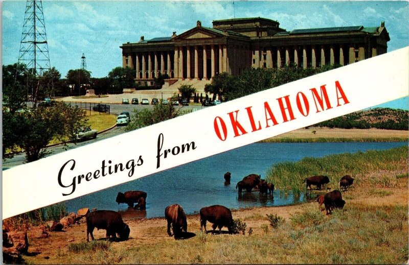 Greetings From Oklahoma OK Dual View State Capitol Buffalo Postcard VTG UNP 