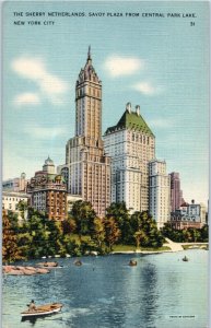 Sherry Netherlands Savoy Plaza from Central Park Lake New York Postcard