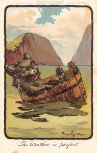 Art by Harry Rountree Animals Humanized Bear in Barrel in Water postcard  B923