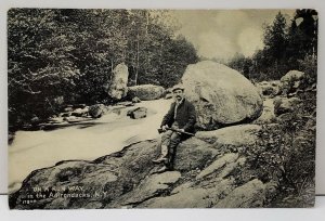 Adirondacks New York ON THE RUN WAY Man with Gun Alongside Creek Postcard C19