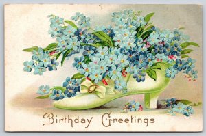 Flower Greetings~Blue Forget-Me-Nots In Lady's Shoe~Gold~c1910 Vintage Postcard