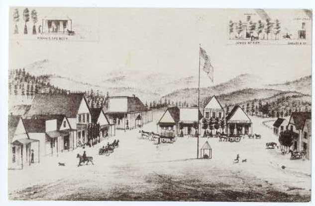 Drawing of Public Square, Surrounding Businesses Placerville, Idaho, ID, Chrome