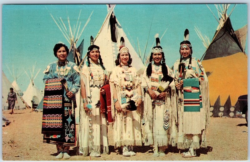 c1950s Indian Maidens Traditional Dress Chrome Postcard Teepee Camp A103