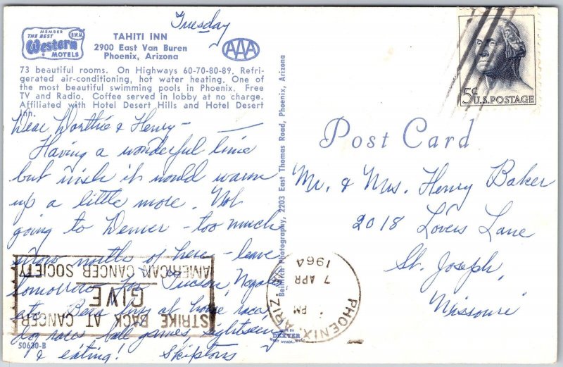 1964 Tahiti Inn Phoenix Arizona Posted Rooms & Hot Water Pool Posted Postcard 