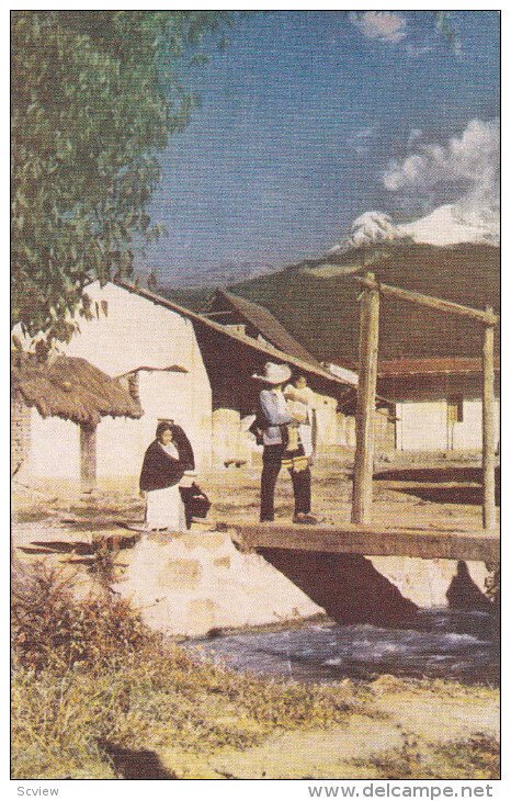 Family walking over a bridge, Mt. Ixtacihuatl in Old MEXICO, 40-60s